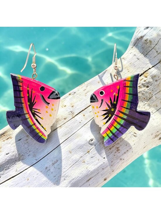 Handmade Jewelry - Tropical Fish Earrings Pierced Hand Painted Wood Beachy Summer Bright Colors